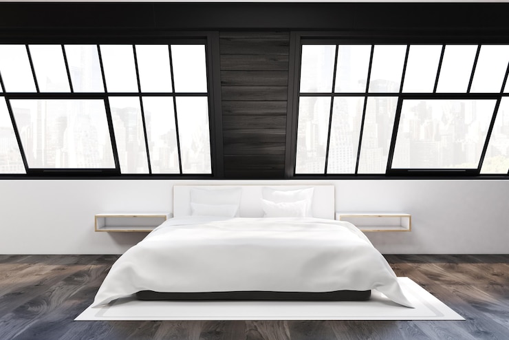 Foto vista frontal de um quarto no sótão. há uma cama com duas mesas de cabeceira, duas janelas com moldura de madeira preta e um tapete branco sobre um piso claro. renderização 3d. brincar.