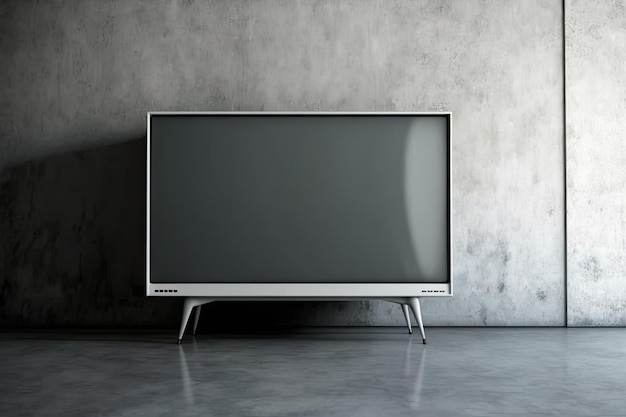 Vista frontal de um suporte de TV leve com uma tela de TV branca em branco em uma sala com piso de madeira