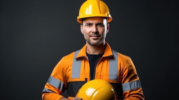 Vista frontal de um trabalhador com óculos de proteção e capacete