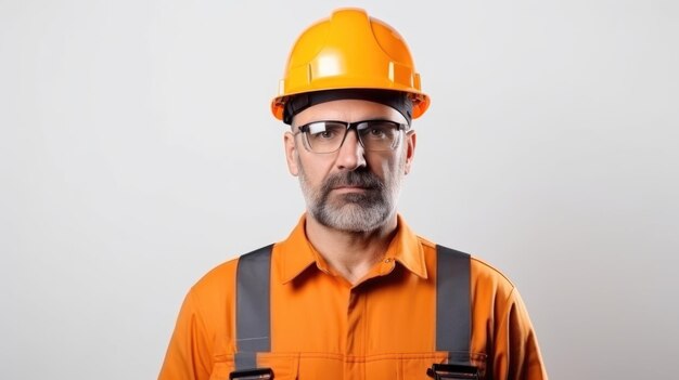 Foto vista frontal de um trabalhador com óculos de proteção e capacete