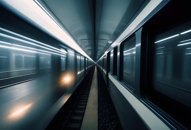 Vista frontal de um trem em movimento à noite com edifícios iluminados em ambos os lados