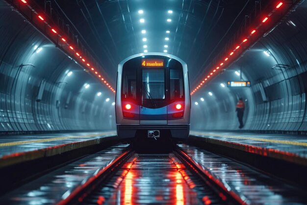 Vista frontal de um vagão de metrô moderno Trem em um túnel arqueado iluminado por neon do metrô subterrâneo