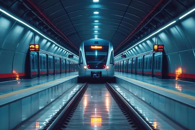 Vista frontal de um vagão de metrô moderno Trem em um túnel arqueado iluminado por neon do metrô subterrâneo