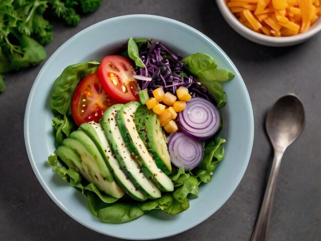 vista frontal de uma deliciosa salada vegana com ingredientes frescos num prato