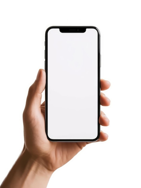 Foto vista frontal de uma mão segurando um smartphone isolado em um fundo branco