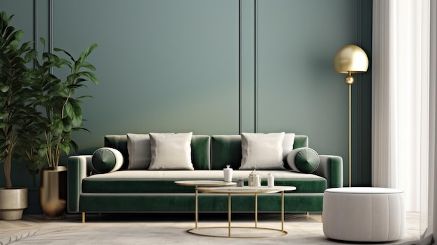 Vista frontal de uma sala de estar de luxo moderna em cores verdes parede vazia sofá confortável com almofadas