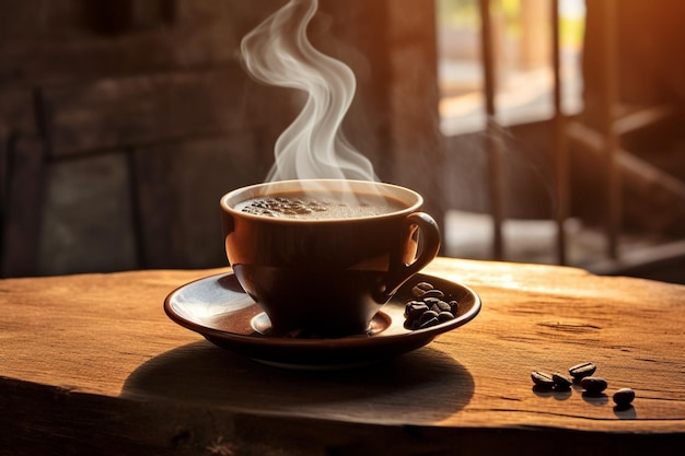 Vista frontal de uma xícara de café em uma mesa de madeira