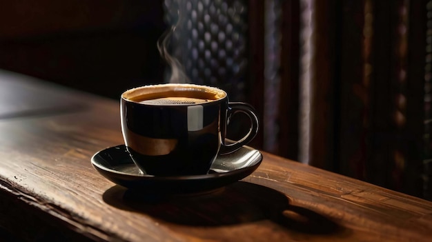 Vista frontal de uma xícara de café preta com uma camada de espuma e colocada ao lado de alguns grãos de café