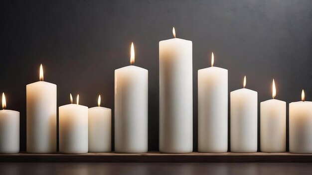 Foto vista frontal de velas longas brancas em uma parede escura