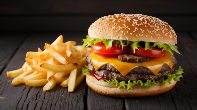 Vista frontal delicioso cheeseburger com tomates de carne e salada verde em fundo escuro fast food m