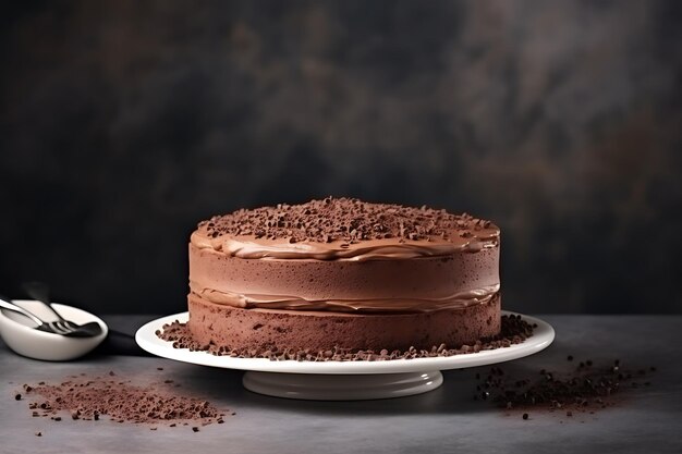 Vista frontal de un delicioso pastel de chocolate en el soporte con espacio para copiar