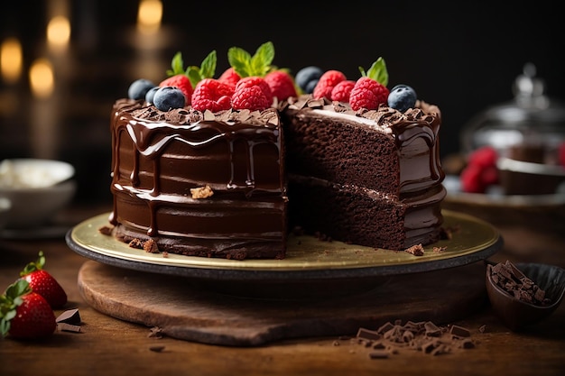 Vista frontal del delicioso pastel de chocolate.