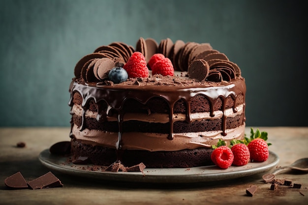 Vista frontal del delicioso pastel de chocolate.