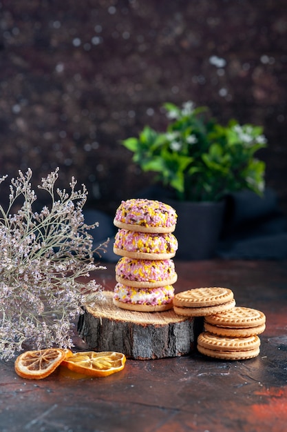 vista frontal deliciosos biscoitos no fundo escuro bolo torta horizontal chá biscoito açúcar sobremesa