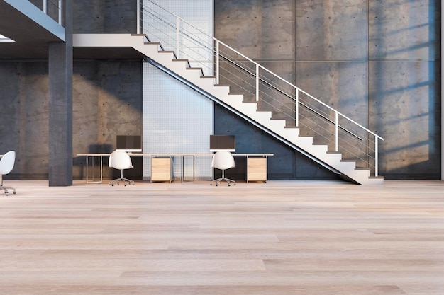 Vista frontal en el diseño de interiores de estilo loft oficina espaciosa con paredes de hormigón de grandes escaleras blancas y lugares de trabajo minimalistas en el piso de madera 3D renderizado