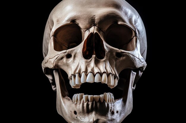 Vista frontal do crânio humano com a boca aberta refletindo em fundo preto