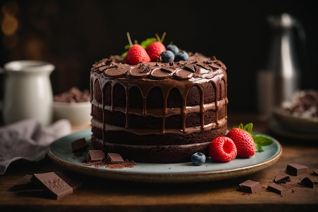 Vista frontal do delicioso bolo de chocolate
