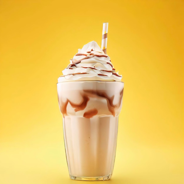 Vista frontal do delicioso milk-shake com fundo amarelo