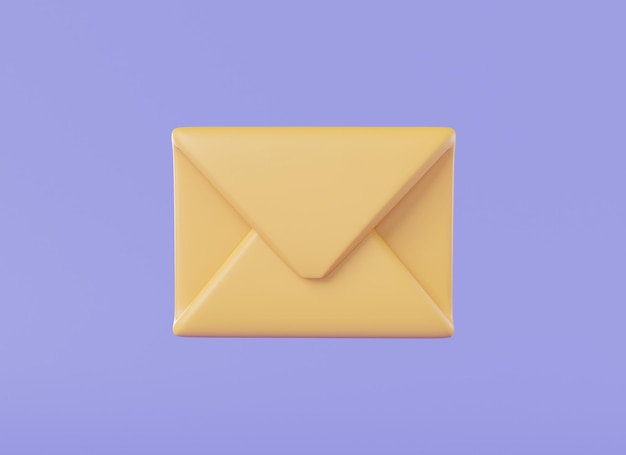 Vista frontal do envelope amarelo no boletim informativo de fundo roxo Ler mensagem on-line Ícone de correio Documento ou mensagem do Office Notícias de negócios e convites 3d render ilustração estilo mínimo de desenho animado