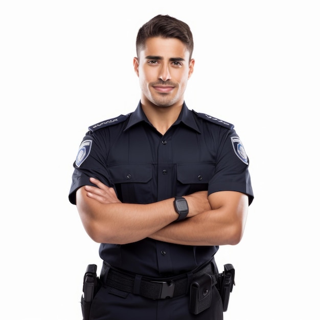 Vista frontal do meio do corpo de um modelo masculino latino extremamente bonito vestido como oficial de polícia