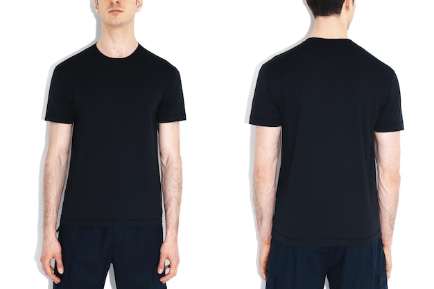 Vista frontal do modelo de camiseta preta isolada