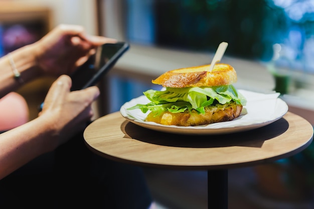 Vista frontal do sanduíche vegano com salada e queijo em um prato