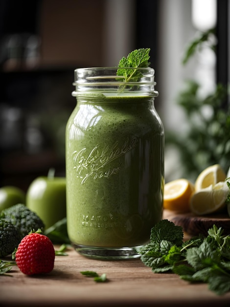 Vista frontal do smoothie saudável verde em uma jarra