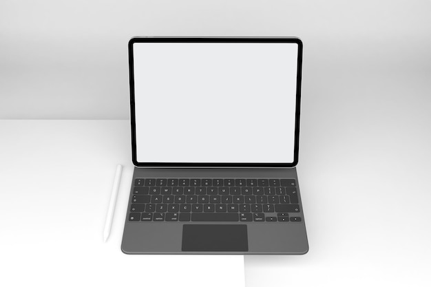Vista frontal do tablet e teclado mágico isolado em fundo branco