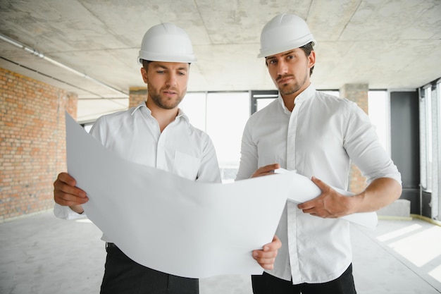 Una vista frontal de dos arquitectos inteligentes con cascos blancos revisando planos en un sitio de construcción en un día soleado
