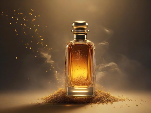 Vista frontal dourada de luxo de uma garrafa de perfume