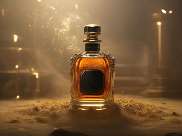 Vista frontal dourada de luxo de uma garrafa de perfume