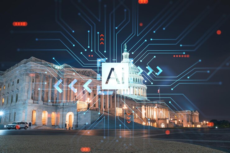 Foto vista frontal del edificio de la cúpula del capitolio en la noche washington dc ee. uu. iluminado hogar del congreso y capitol hill concepto de inteligencia artificial holograma ai aprendizaje automático red neuronal robótica
