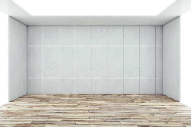 Vista frontal em fundo de parede de azulejos quadrados de luz em branco para cartaz de publicidade e piso de concreto para apresentação do produto na sala abstrata com luzes no topo e maquete de renderização 3D do piso de madeira