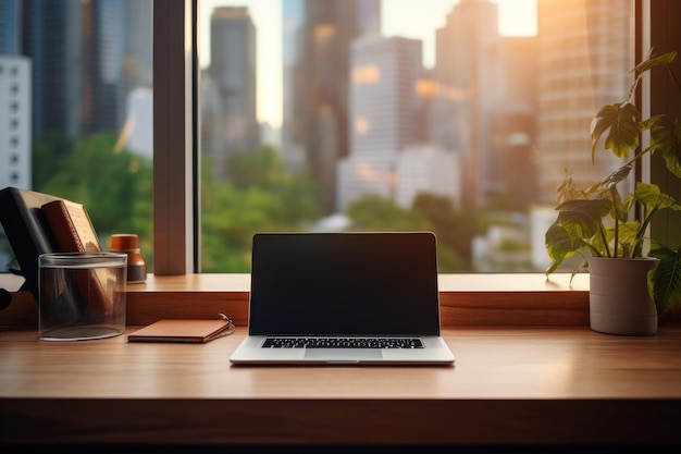 Vista frontal Escritorio de oficina con herramientas de oficina computadora portátil sobre fondo de mesa de madera con espacio de copia IA generativa