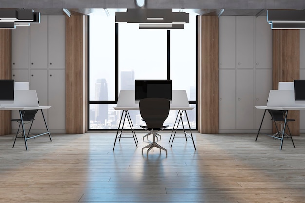 Vista frontal en el espacio de trabajo de estilo minimalista con una computadora moderna en una mesa blanca y una silla negra en una moderna oficina de coworking iluminada por el sol con vista a la ciudad desde una gran ventana 3D