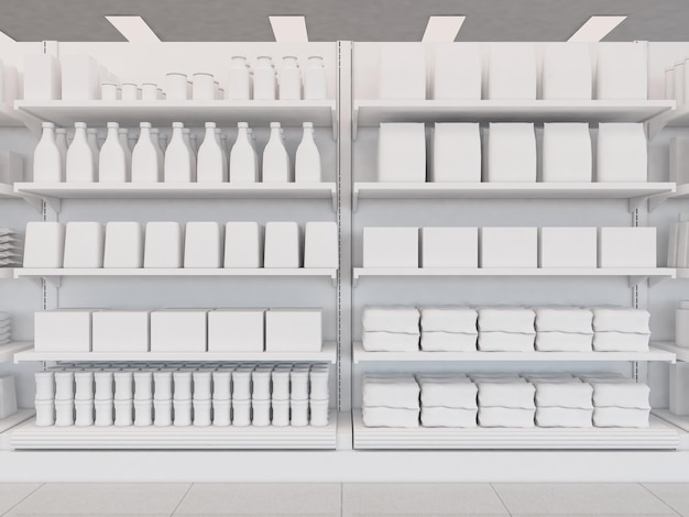 Vista frontal de un estante de supermercado blanco con productos ilustración de renderizado 3d