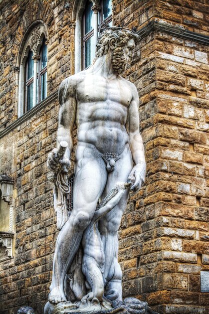 Vista frontal de la estatua de Neptuno en la Piazza della Signoria en Florencia Italia