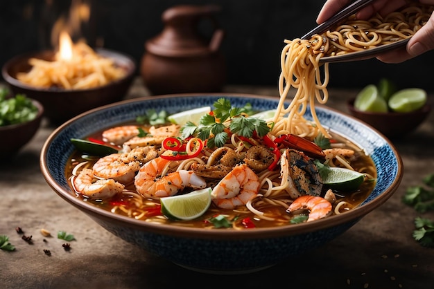 vista frontal de fideos ramen asiáticos levantados sobre palillos en una mesa oscura