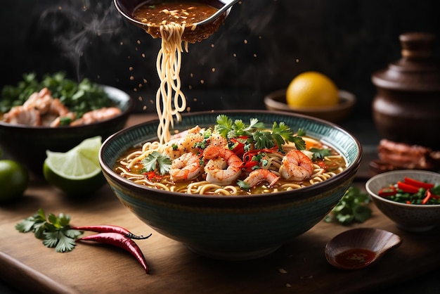 vista frontal de fideos ramen asiáticos levantados sobre palillos en una mesa oscura