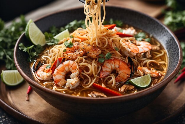 vista frontal de fideos ramen asiáticos levantados sobre palillos en una mesa oscura