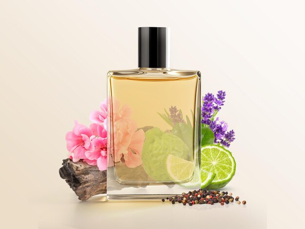 Vista frontal foto garrafa de perfume de vidro e flores com fundo bege