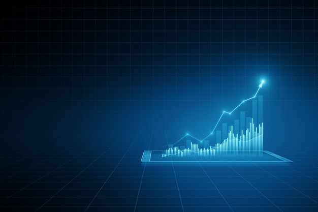 Vista frontal del gráfico financiero moderno en crecimiento con flecha ascendente sobre fondo azul oscuro con espacio vacío para su logotipo Concepto de comercio de inversión y mercado de valores Mockup 3D Rendering