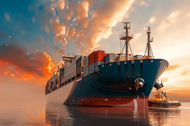 Vista frontal de un gran buque de carga de contenedores azul que realiza operaciones de exportación e importación de carga