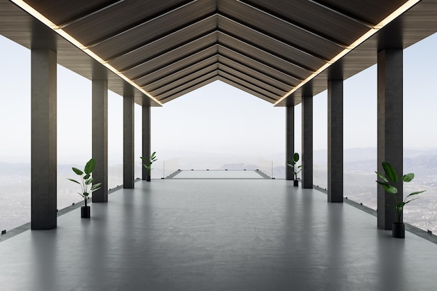 Vista frontal en un gran mirador en una terraza vacía abierta en lo alto de la ciudad con techo de madera de columnas de hormigón y plantas verdes en macetas negras en los lados simulacro de representación 3D