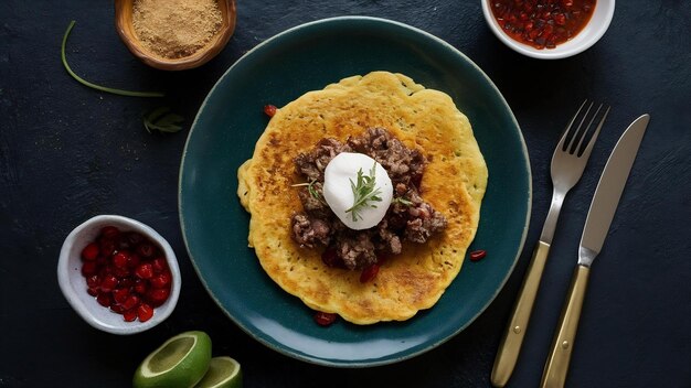 Vista frontal gustabs saborosos hotcakes finos com carne moída em superfície escura