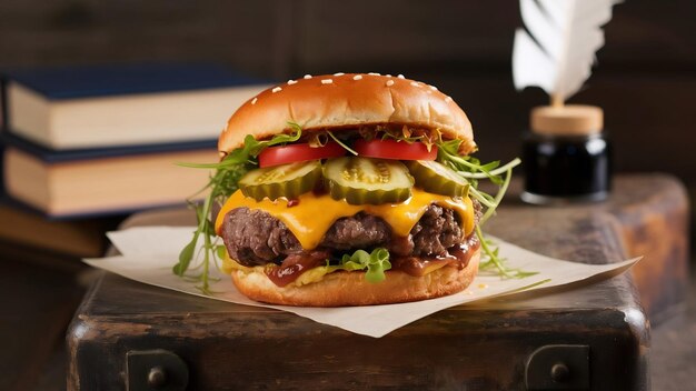 Vista frontal de una hamburguesa de carne quesa con pepinillos verdes y tomates en el escritorio de madera