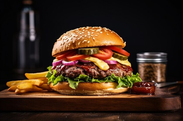Vista frontal de una hamburguesa de carne quesa con pepinillos verdes y tomates en el escritorio de madera