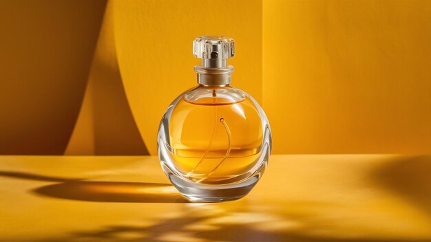 Vista frontal del hermoso perfume claro dentro del frasco en la superficie amarilla