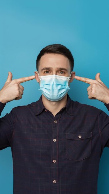 Vista frontal de un hombre con una máscara médica y apuntando a sus sienes