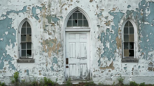 Vista frontal de una iglesia abandonada con ventanas rotas y una puerta cerrada
